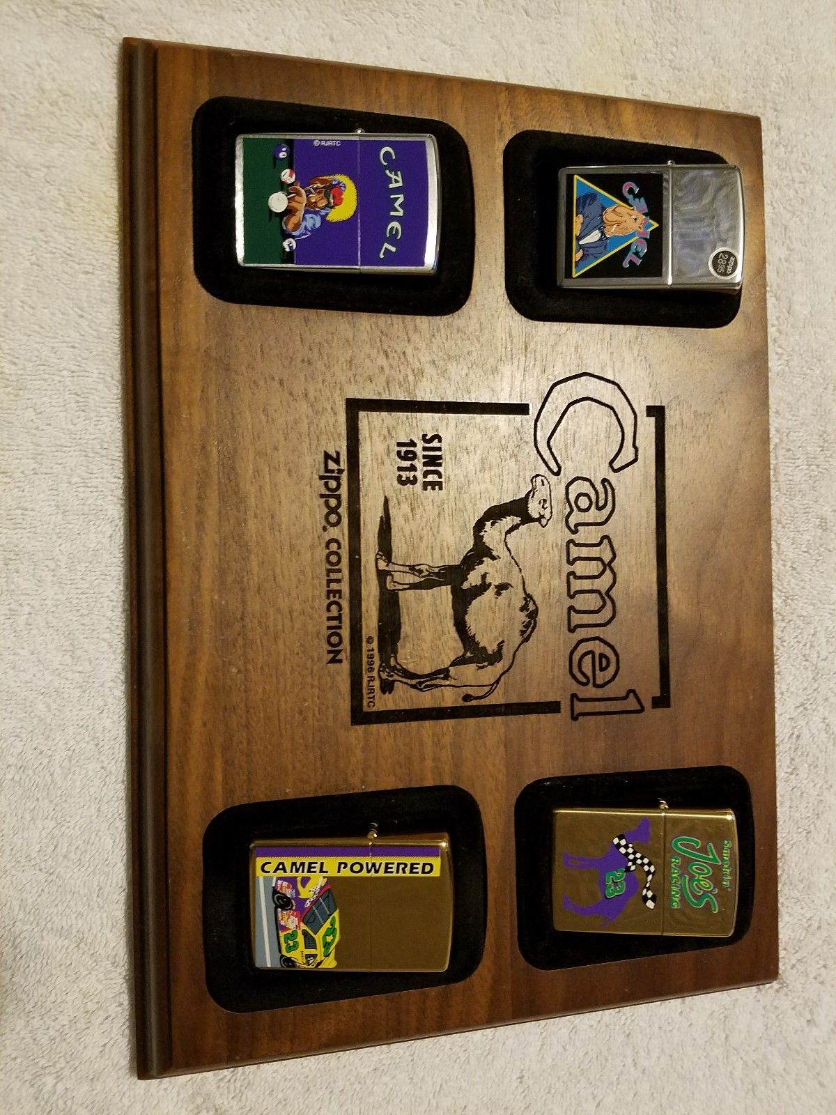 4 Vintage Joe Camel Zippo Lighters In Wood Display Plaque Wishes And Horses And Other Things Too